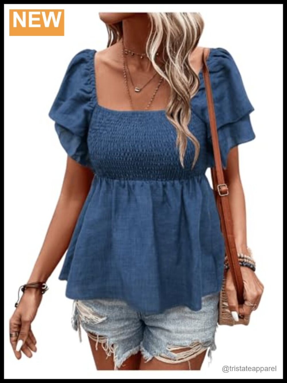 Square Neck Ruffle Sleeve Peplum Blouse Smocked Babydoll Top